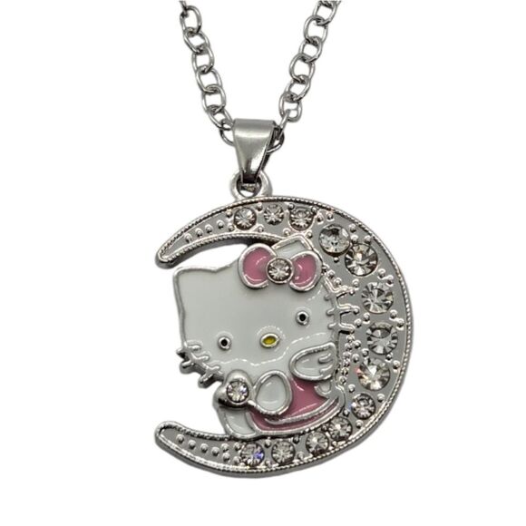 Hello Kitty Moon Rhinestone 24" Necklace Pink Bow Cat Charm Pendant Silver Chain - Picture 5 of 7